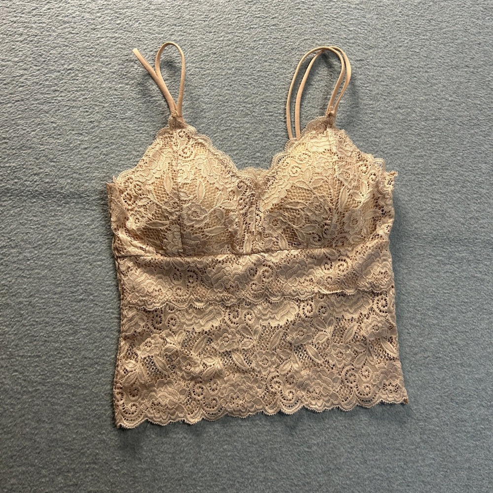 Kathy Lace Bustier Cami Padded Crop TopWomens S/M Beige Floral Corset Stretch